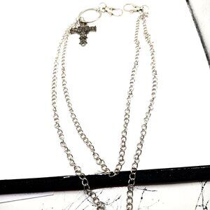 Mens Wallet Or Pants Double Layer Silver Tone Chain + Antique Style Cross -21"